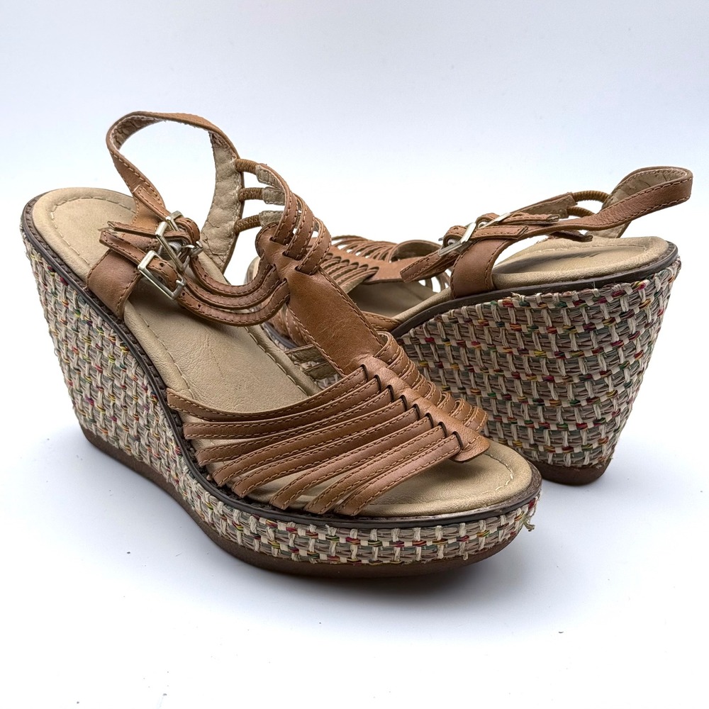 Hush Puppies Womens Brown Leather Strappy Woven Wedge Sandals Size 7